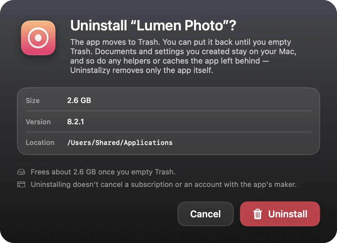 Uninstallzy’s confirmation sheet asking whether to uninstall Lumen Photo, showing size 2.6 GB, version 8.2.1 and location, with Cancel and Uninstall buttons