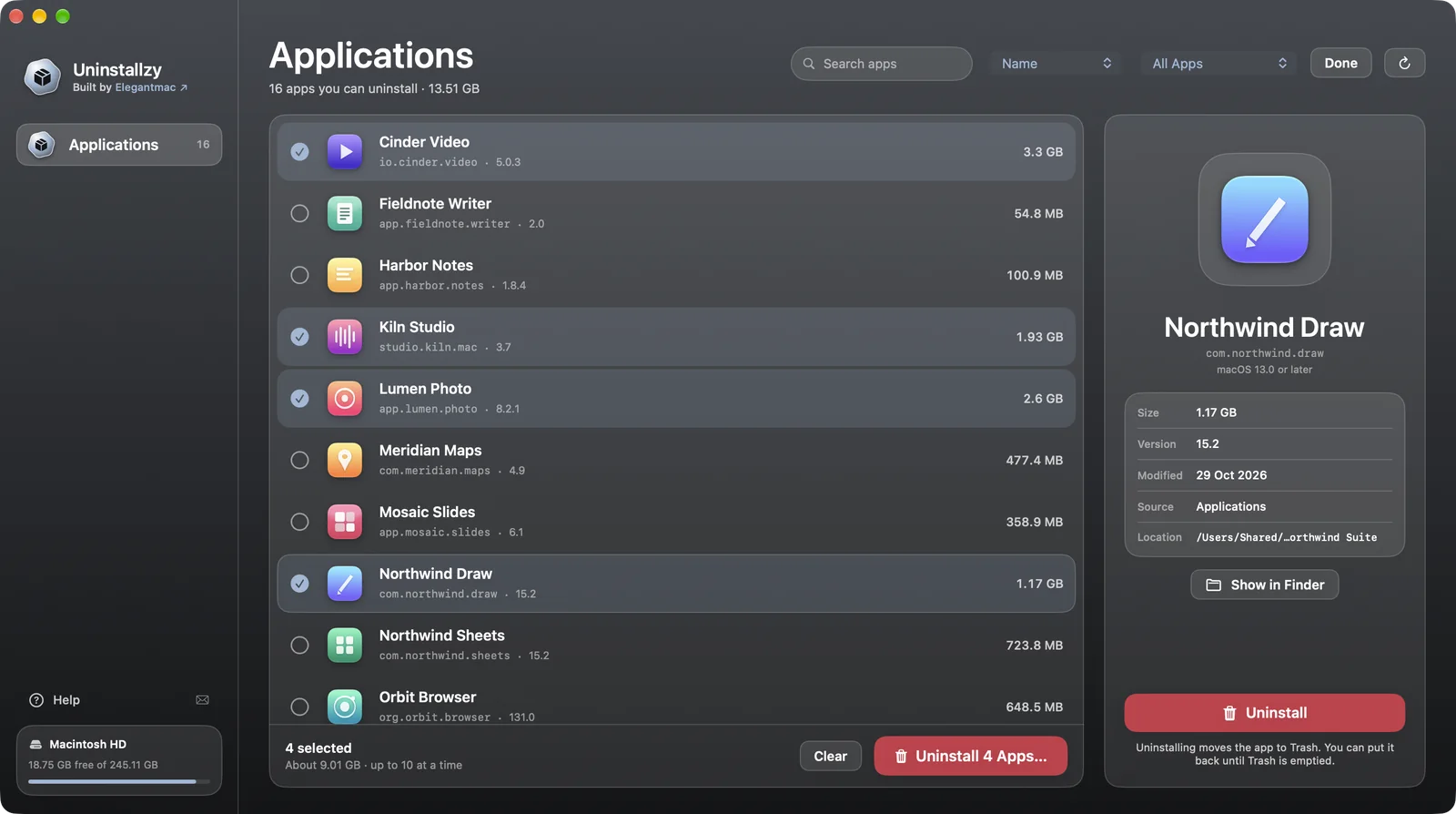 Uninstallzy in Select mode with four apps ticked and a bar showing 4 selected, about 9.01 GB