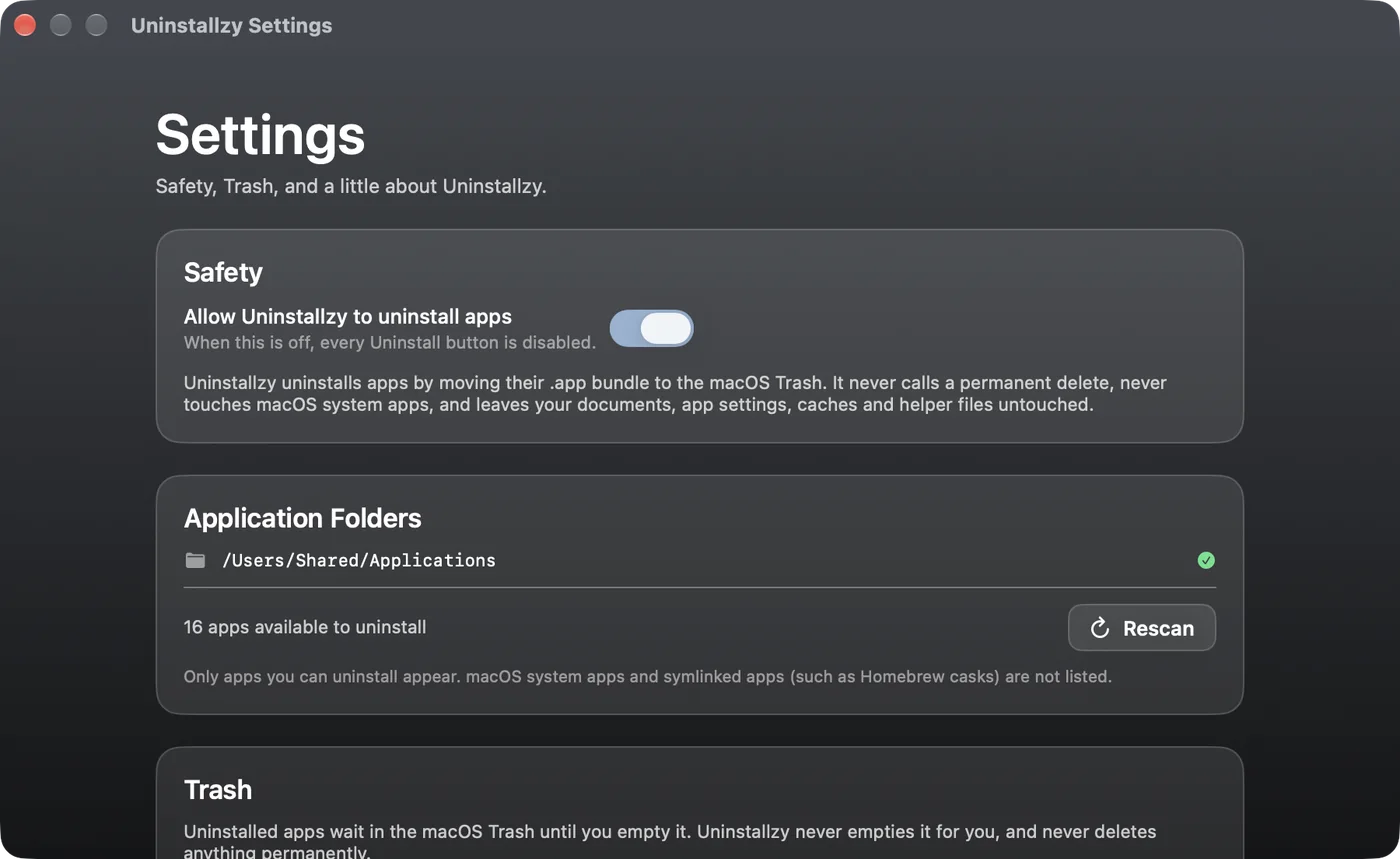 Uninstallzy Settings showing the Safety switch ‘Allow Uninstallzy to uninstall apps’ and the application folders it scans